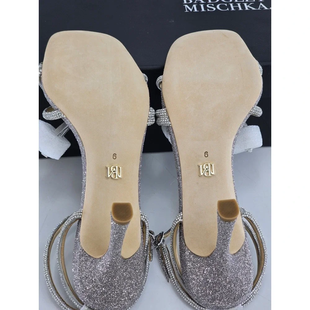 Badgley Mischka Effie Bow Stiletto Heel Sandals Women's Silver Antique Sz 9 NIB